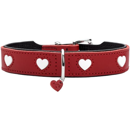 HUNTER Hundehalsband Love, Farbe: rot/schwarz, weiches, Robustes Rindsleder, einzeln eingenähte Herzen, handgefertigt, hoher, besonders anschmiegsam, Made in Germany, Größe 32 von HUNTER