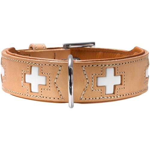 HUNTER SWISS Hundehalsband, Leder, hochwertig, schweizer Kreuz, 42 (S-M), natur/beige von HUNTER