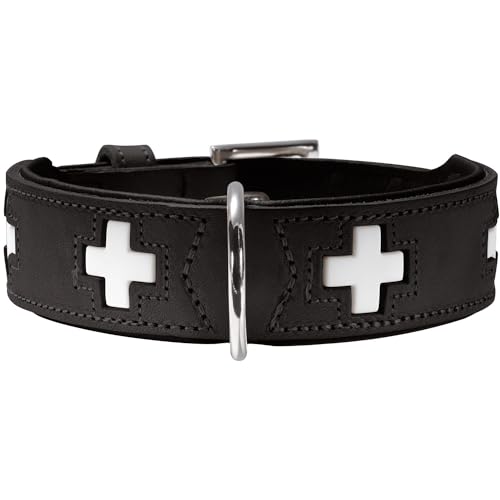 HUNTER SWISS Hundehalsband, Leder, hochwertig, schweizer Kreuz, 47 (S-M), schwarz von HUNTER