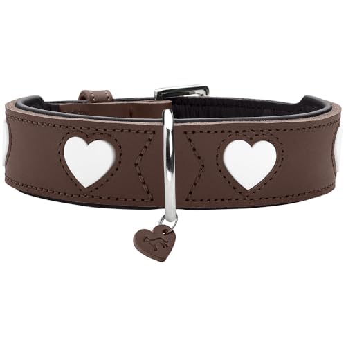 HUNTER Hundehalsband Love, Farbe: braun/schwarz, weiches, Robustes Rindsleder, einzeln eingenähte Herzen, handgefertigt, hoher, besonders anschmiegsam, Made in Germany, Größe 55 von HUNTER