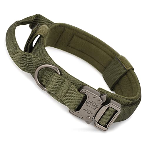 HUNTVP taktisch Hundehalsband Verstellbar mit Kontrollgriff, aus Nylon, gepolstert, Metallschnalle, für Mittlere Große Hunde Jagd Training Freizeit Outdoor, Grün L von HUNTVP