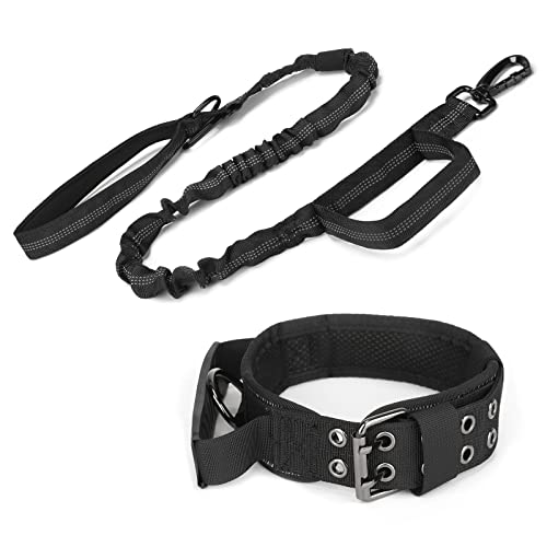 HUNTVP taktisches Hundehalsband mit Kontrollgriff und Hundeleine mit Doppelgriff, Militär Hundehalsband und Leine Set, Reflektierend Verstellbar für Mittlere Große Hunde Freizeit,Schwarz L von HUNTVP