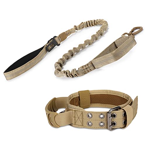 HUNTVP taktisches Hundehalsband mit Kontrollgriff und Hundeleine mit Doppelgriff, Militär Hundehalsband und Leine Set, Reflektierend Verstellbar für Mittlere Große Hunde Freizeit Outdoor,Braun M von HUNTVP