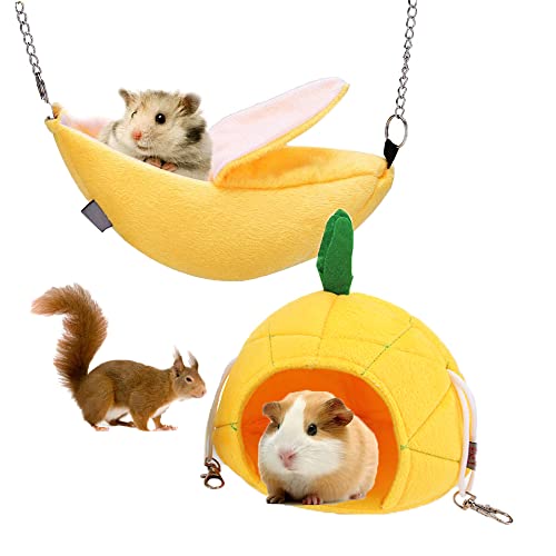 HUOGEE Bananenhaus Hamsterbett, 2 Stück Hamster Hängematte, Ananashaus Hamsterbett, Warm Bett Haus Käfig Nest Hamster Zubehör für Zuckergleiter Kleine Vögel usw von HUOGEE