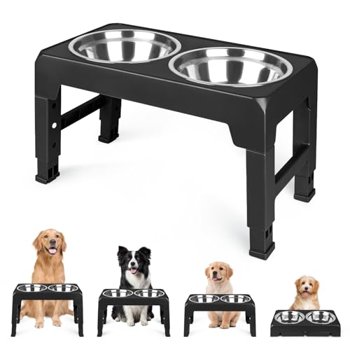 Hunde Futterstation, Hundenapf erhöht-Hundebar mit Futternapf und Wassernapf- Fressnapf für kleine oder große Hunde, höhenverstellbares Hunde Napfset (44 * 24 * 8 cm – schwarz) von HUOLE