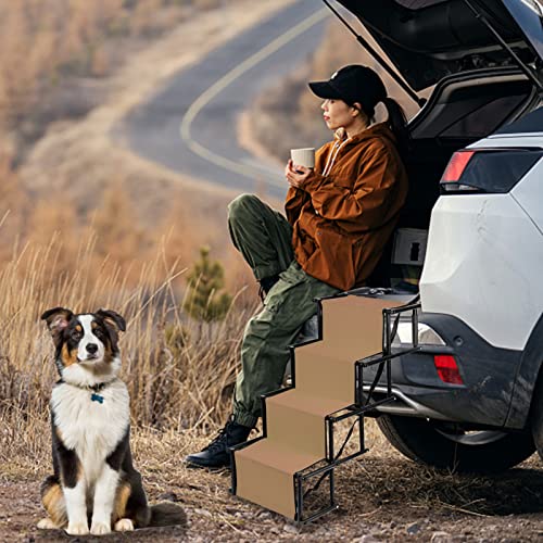 Hundetreppe - Gelenkschonend für Haustiere - Hochwertiger Hunderampe Auto - Klappbar und leicht zu verstauen - Hundeleiter mit verstellbaren Stufen (139 * 45 * 76 cm-braun) von HUOLE