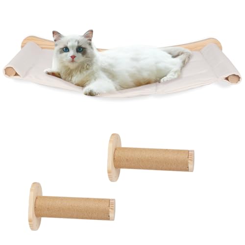 Kletterwand Katzen, inkl 2 Katzentreppe Wand, Katzen Hängematte, Katzen Fensterliege mit Saugnapf, Katzenbett Fenster, Faltbare Katzenhängematte für Wand und Glas,bis 20 kg-7,5 * 53,5 * 46,5 cm – weiß von HUOLE