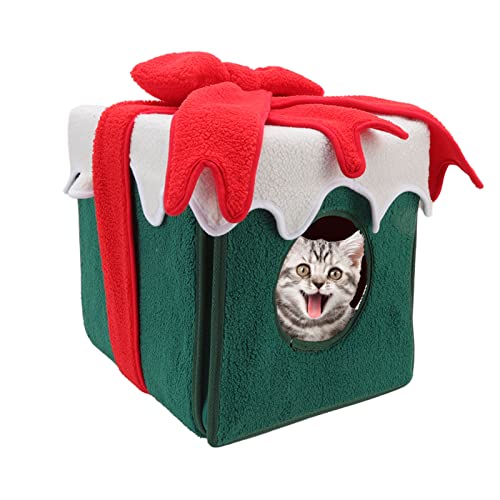 HUONIU Süßes Weihnachts-Katzenhaus, Weihnachts-Katzenbetten im Box-Stil, 31,8 cm, kastenförmige Weihnachts-Katzen-Hundehöhle, abnehmbare, waschbare, warme Katzen-Wohnzelte für (Green) von HUONIU