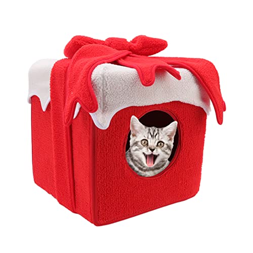 HUONIU Süßes Weihnachts-Katzenhaus, Weihnachts-Katzenbetten im Box-Stil, 31,8 cm, kastenförmige Weihnachts-Katzen-Hundehöhle, abnehmbare, waschbare, warme Katzen-Wohnzelte für (Red) von HUONIU