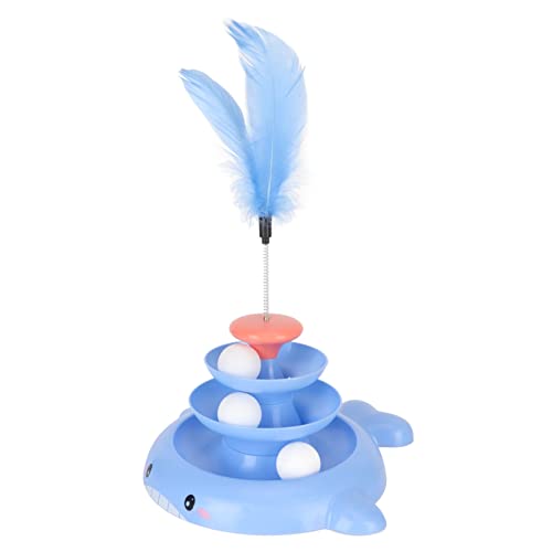 HUSHUI Katzenball-Turmspielzeug, 3-stufiges Katzen-Drehteller-Spielzeug, Abnehmbare Haustierbahn, Interaktives Spielzeug mit Neckender Feder für Kätzchenübungen (Blau) von HUSHUI