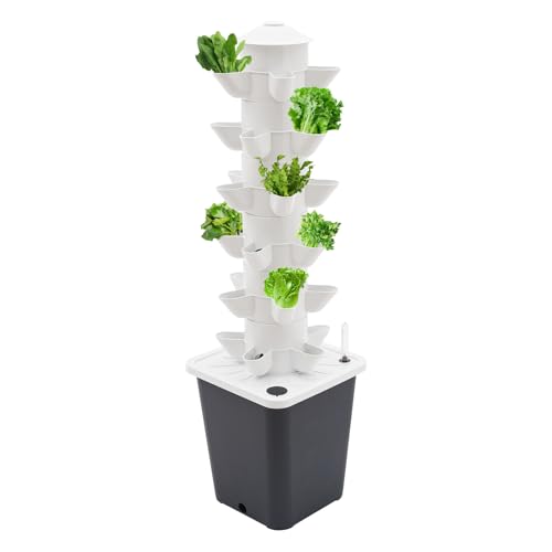 30 Pods Hydroponics Tower Garden Hydroponic Growing System, 6 Etagen Hydroponics Vertical Growing Kit, Aeroponik-Turm mit Hydratisierungspumpe, Timer, Adapter, Saatbett und Netztöpfen (Grau) von HUSPOO