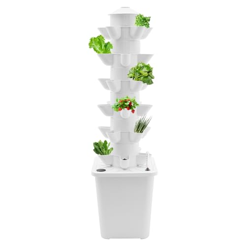 30 Pods Hydroponics Tower Garden Hydroponic Growing System, 6 Etagen Hydroponics Vertical Growing Kit, Aeroponik-Turm mit Hydratisierungspumpe, Timer, Adapter, Saatbett und Netztöpfen (Weiß) von HUSPOO