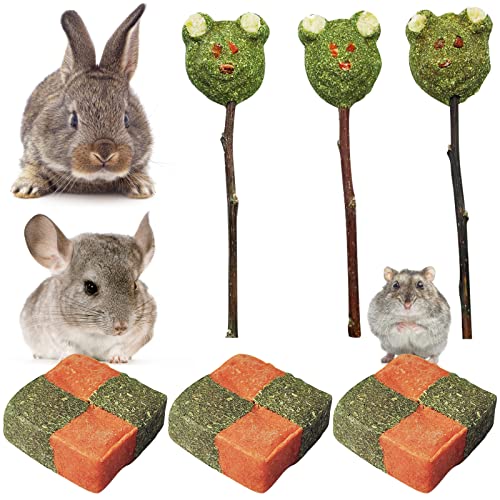 6 Stück Kaninchen Kauspielzeug, Hamster Kauen Zähne Schleifen Spielzeug mit Apfelholzstäbchen Natürlicher Graskuchen Karotten, Kleintiere Zahnpflege Snacks für Kaninchen Meerschweinchen Chinchilla von HUTVD