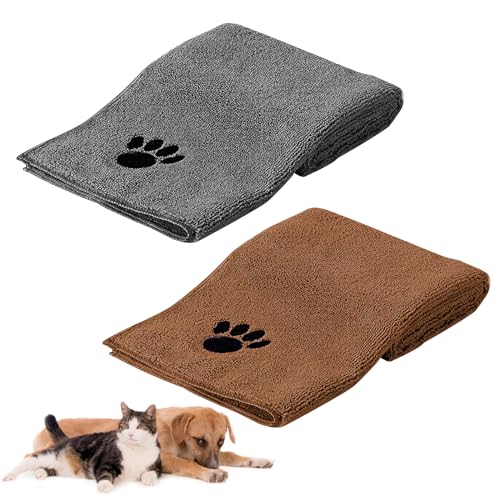 HUTVD Hundehandtuch, 2 Stück Microfaser Handtücher für Hunde Katzen, 75 x 35 cm Hundehandtuch Extra Saugfähig für Katzen Kuschelweich, Schnell Trocknend, Maschinenwaschbar (Grau+Braun) von HUTVD