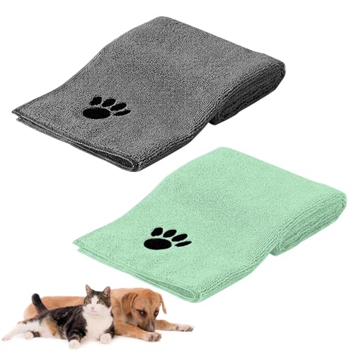 HUTVD Hundehandtuch 75 x 35 cm, 2 Stück Microfaser Handtücher für Hunde Katzen, Hundehandtuch Extra Saugfähig für Katzen Kuschelweich, Schnell Trocknend, Maschinenwaschbar (Grau+Cyan) von HUTVD