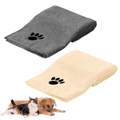 HUTVD Hundehandtuch 75 x 35 cm, 2 Stück Microfaser Handtücher für Hunde Katzen, Hundehandtuch Extra Saugfähig für Katzen Kuschelweich, Schnell Trocknend, Maschinenwaschbar (Grau+Gelb) von HUTVD