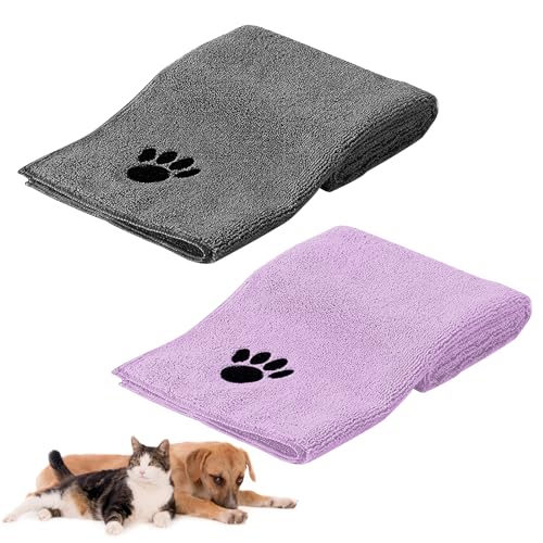 HUTVD Hundehandtuch 75 x 35 cm, 2 Stück Microfaser Handtücher für Hunde Katzen, Hundehandtuch Extra Saugfähig für Katzen Kuschelweich, Schnell Trocknend, Maschinenwaschbar (Grau+Lila) von HUTVD