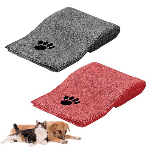 HUTVD Hundehandtuch 75 x 35 cm, 2 Stück Microfaser Handtücher für Hunde Katzen, Hundehandtuch Extra Saugfähig für Katzen Kuschelweich, Schnell Trocknend, Maschinenwaschbar (Grau+Rot) von HUTVD