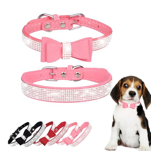 Hundehalsbänder für kleine Hunde, glitzernde Strass-Schleife, verstellbar, Leder, weiches Wildleder, niedlich, glitzernd, Diamant-Kristall-Halsbänder für kleine, mittelgroße Jungen, Mädchen, Welpen, von HWOLPEMS