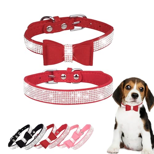 Hundehalsbänder für kleine Hunde, glitzernde Strass-Schleife, verstellbar, Leder, weiches Wildleder, niedlich, glitzernd, Diamant-Kristall-Halsbänder für kleine, mittelgroße Jungen, Mädchen, Welpen, von HWOLPEMS