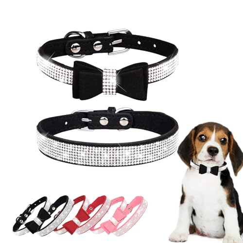 Hundehalsbänder für kleine Hunde, glitzernde Strass-Schleife, verstellbar, Leder, weiches Wildleder, niedlich, glitzernd, Diamant-Kristall-Halsbänder für kleine, mittelgroße Jungen, Mädchen, Welpen, von HWOLPEMS