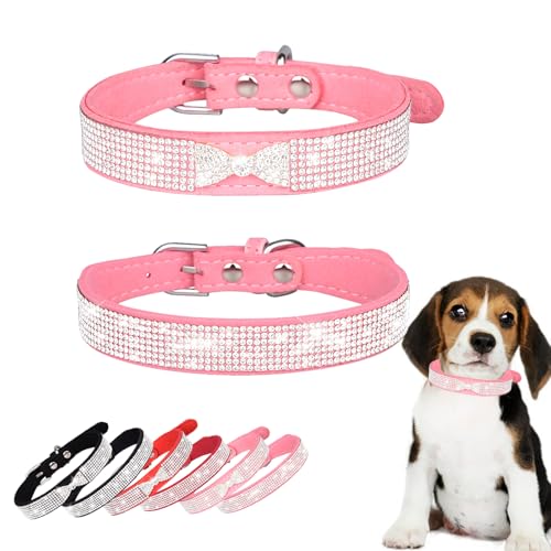 Hundehalsbänder für kleine Hunde, glitzernde Strass-Schleife, verstellbar, Leder, weiches Wildleder, niedlich, glitzernd, Diamant-Kristall-Halsbänder für kleine, mittelgroße Jungen, Mädchen, Welpen, von HWOLPEMS