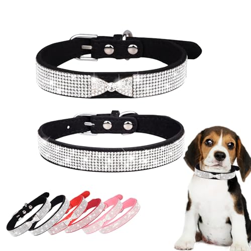 Hundehalsbänder für kleine Hunde, glitzernde Strass-Schleife, verstellbar, Leder, weiches Wildleder, niedlich, glitzernd, Diamant-Kristall-Halsbänder für kleine, mittelgroße Jungen, Mädchen, Welpen, von HWOLPEMS