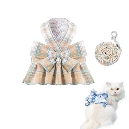 Katzengeschirr-Set mit Kleid und Leine, kariertes Katzenkleid, ausbruchsicher, Brustgeschirr, verstellbare Fliege und Leine, Set für Kaninchen, Katzen, Welpen, Spaziergänge im Freien von HWOLPEMS