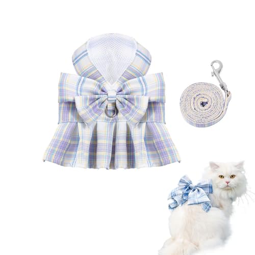 Katzengeschirr-Set mit Kleid und Leine, kariertes Katzenkleid, ausbruchsicher, Brustgeschirr, verstellbare Fliege und Leine, Set für Kaninchen, Katzen, Welpen, Spaziergänge im Freien von HWOLPEMS