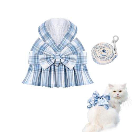 Katzengeschirr-Set mit Kleid und Leine, kariertes Katzenkleid, ausbruchsicher, Brustgeschirr, verstellbare Fliege und Leine, Set für Kaninchen, Katzen, Welpen, Spaziergänge im Freien von HWOLPEMS