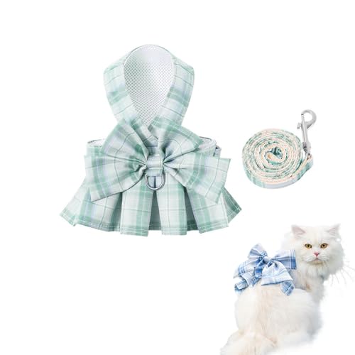 Katzengeschirr-Set mit Kleid und Leine, kariertes Katzenkleid, ausbruchsicher, Brustgeschirr, verstellbare Fliege und Leine, Set für Kaninchen, Katzen, Welpen, Spaziergänge im Freien von HWOLPEMS