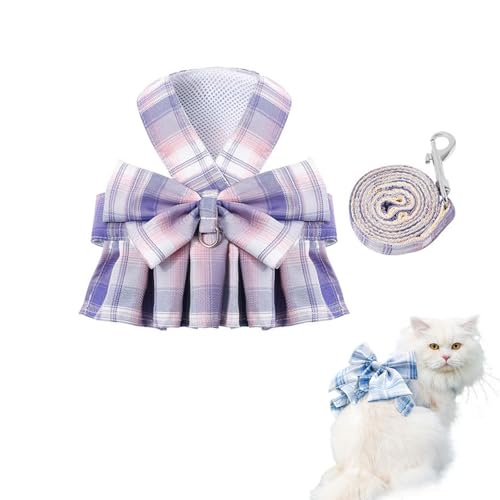 Katzengeschirr-Set mit Kleid und Leine, kariertes Katzenkleid, ausbruchsicher, Brustgeschirr, verstellbare Fliege und Leine, Set für Kaninchen, Katzen, Welpen, Spaziergänge im Freien von HWOLPEMS