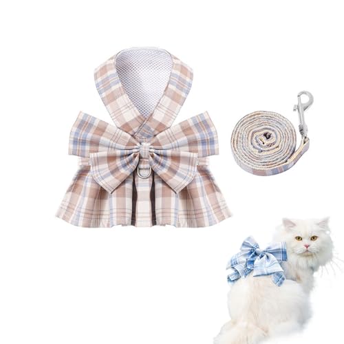 Katzengeschirr-Set mit Kleid und Leine, kariertes Katzenkleid, ausbruchsicher, Brustgeschirr, verstellbare Fliege und Leine, Set für Kaninchen, Katzen, Welpen, Spaziergänge im Freien von HWOLPEMS