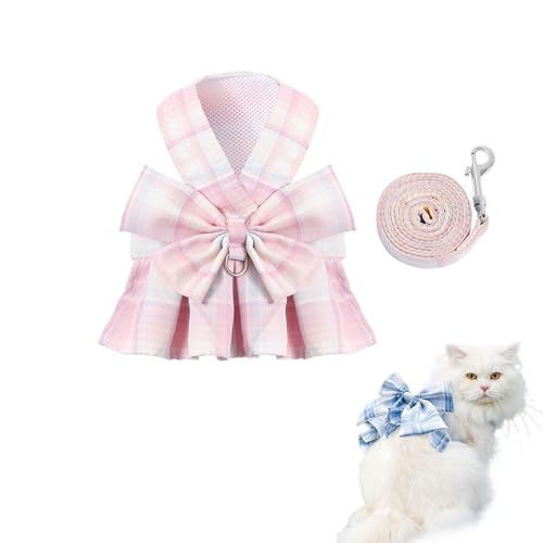 Katzengeschirr-Set mit Kleid und Leine, kariertes Katzenkleid, ausbruchsicher, Brustgeschirr, verstellbare Fliege und Leine, Set für Kaninchen, Katzen, Welpen, Spaziergänge im Freien von HWOLPEMS