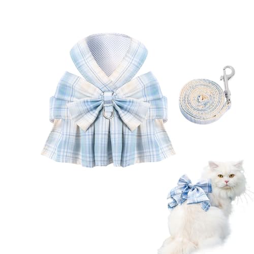 Katzengeschirr-Set mit Kleid und Leine, kariertes Katzenkleid, ausbruchsicher, Brustgeschirr, verstellbare Fliege und Leine, Set für Kaninchen, Katzen, Welpen, Spaziergänge im Freien von HWOLPEMS