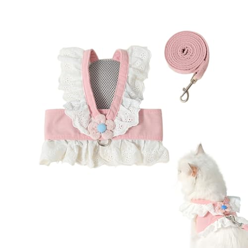 Katzengeschirr-Set mit Kleid und Leine, süßes Blumenmuster, Spitze, ausbruchsicher, Brustgeschirr, verstellbar, niedliches Geschirr-Set für Katzen, Welpen, Hunde, Spaziergänge im Freien von HWOLPEMS