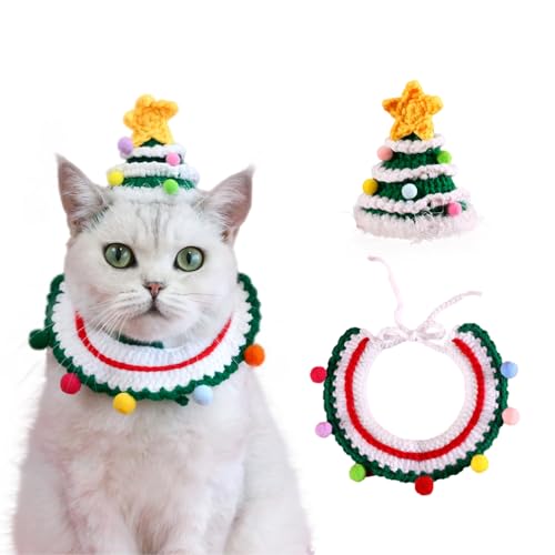 Weihnachtliches Katzenhalsband und Hut, handgestricktes Weihnachts-Welpenkostüm, verstellbares Weihnachts-Thema, Katzen- und Hunde-Outfit, niedlicher Weihnachtsbaumhut und Halsband für Kätzchen, von HWOLPEMS