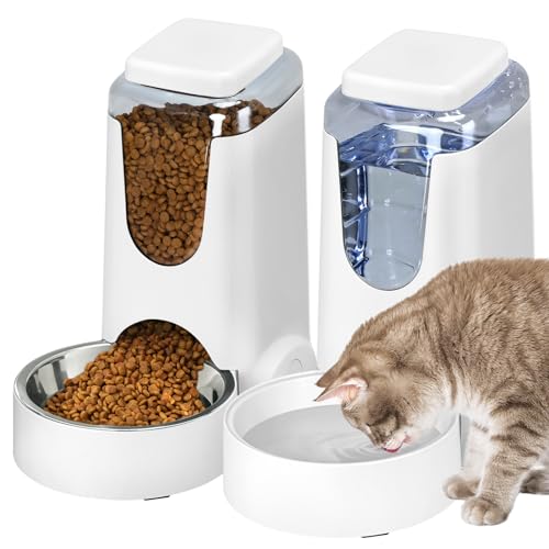 Automatischer Katzenfutterspender und Wasserspender für Hunde, Schwerkraft-Futterspender und Bewässerungsschüssel, selbstfütternde Schalen für kleine, mittelgroße Haustiere, Welpen, Kätzchen, Weiß, 2 von HWONMTE