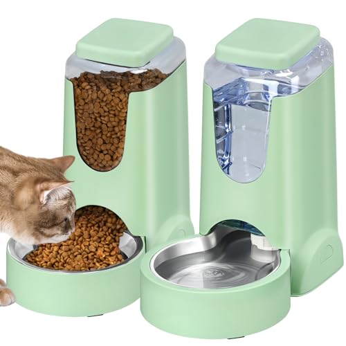 Automatischer Katzen-Futterspender und Wasserspender mit Edelstahl-Hundenapf, Schwerkraft-Selbstfütterung, für kleine, mittelgroße Haustiere, Welpen, Kätzchen, 3,5 l x 2 (Rosa) (grün), 2 Stück von HWONMTE