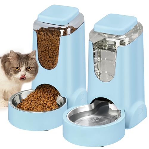 Tragbarer automatischer Katzenfutterspender und Wasserspender mit Edelstahlnapf, Schwerkraft-Futterspender und Bewässerung, für kleine, mittelgroße Haustiere, Welpen, Kätzchen, 3,8 l x 2 (Hellblau von HWONMTE