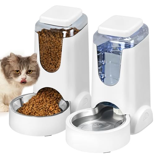 Automatischer Katzen-Futterspender und Wasserspender mit Edelstahlnapf, Schwerkraft-Futterspender und Bewässerung, für kleine, mittelgroße Haustiere, Welpen, Kätzchen, 1 Gallone x 2 von HWONMTE