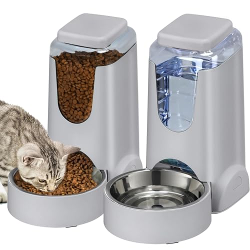 Automatischer Katzenfutterspender und Wasserspender mit Edelstahl-Hundenapf, Schwerkraft-Selbstfütterung, für kleine, mittelgroße Haustiere, Welpen, Kätzchen, 3,5 l x 2 (Rosa) (Grau) von HWONMTE