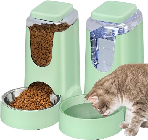 Automatischer Katzenfutterspender und Wasserspender mit Edelstahl-Hundenapf, Schwerkraft-Selbstfütterung, für kleine, mittelgroße Haustiere, Welpen, Kätzchen, 3,5 l x 2 (Rosa) (Grün) von HWONMTE