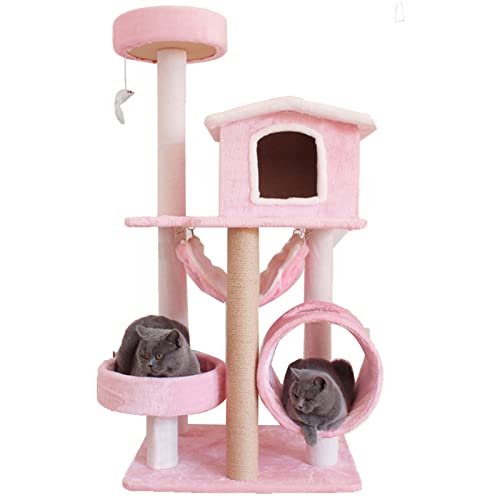 Katzenbaumturm, Katzenklettergerüst, Katzenrahmen aus massivem Hanfrattan aus Holz für Katzen, integrierter Katzenbaum, mit Hängematte, damit Katzen Spielen und schlafen können (Farbe: Pink) von HXFFXHF