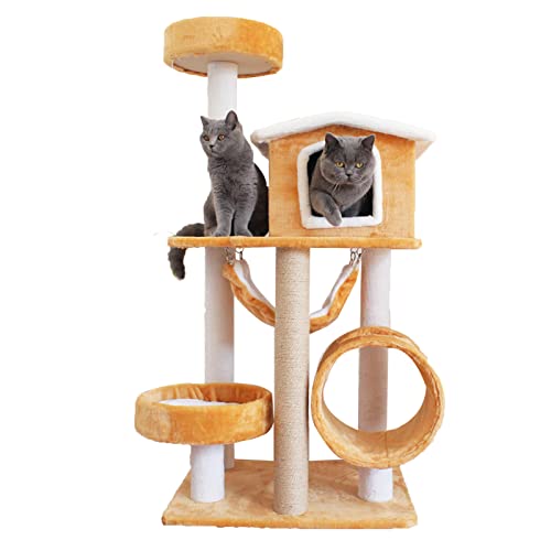 Katzenbaumturm, Katzenklettergerüst, Katzenrahmen aus massivem Hanfrattan aus Holz für Katzen, integrierter Katzenbaum, mit Hängematte, damit Katzen Spielen und schlafen können (Farbe: Pink) von HXFFXHF