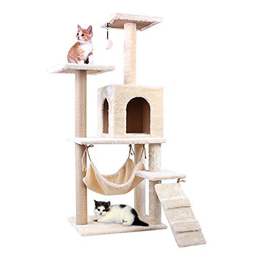 Katzenbaumturm Katzenbaumturm für Hauskatzen, mehrstöckiges Katzenhaus-Apartment mit Hängematten, Katzenklettergerüst mit Spielzeug (Farbe: Grau) von HXFFXHF