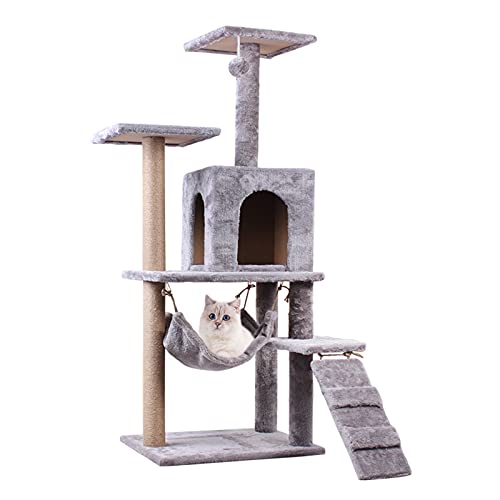 Katzenbaumturm Katzenbaumturm für Hauskatzen, mehrstöckiges Katzenhaus-Apartment mit Hängematten, Katzenklettergerüst mit Spielzeug (Farbe: Grau) von HXFFXHF