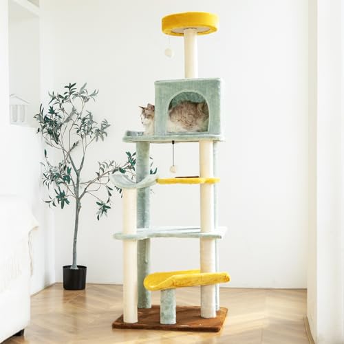 HYABi 65.5 inch Sunflower Cat Tree Tower Condo Furniture Apartment Plush Habitat Kitten Amusement Platform with Scratch Posts Toy Ball Pet House Play(Large 65.5" H) von HYABI