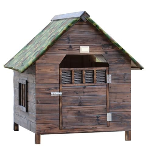 Isolierte Hundehütte aus Holz für kleine, mittelgroße und große Tiere, wetterfest, einfach zu montieren, leicht zu reinigen, mit Fenstern und Türen, Braun, 69 x 66 x 68 cm von HYANXUE