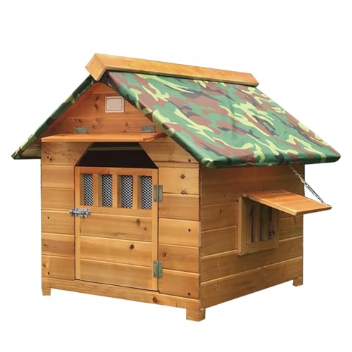 Isolierte Hundehütte aus Holz für kleine, mittelgroße und große Tiere, wetterfest, einfach zu montieren, leicht zu reinigen, mit Fenstern und Türen (Holz, 69 x 66 x 68 cm) von HYANXUE